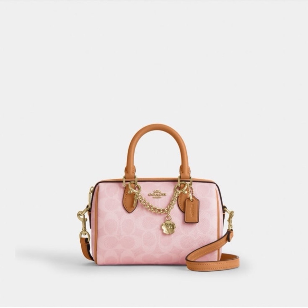 NWT! COACH Mini Rowan
Crossbody Bag In Signature With Charms (CEK79) powder pink